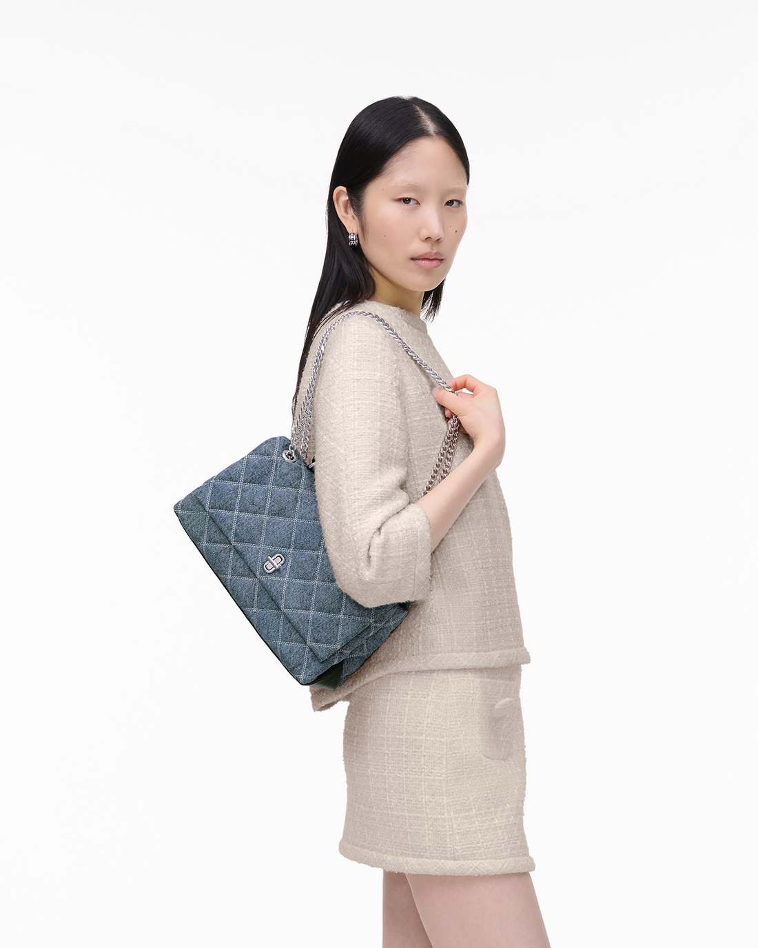 The Quilted Denim Dual Convertible Shoulder Bag Light Wash Indigo Marc Jacobs