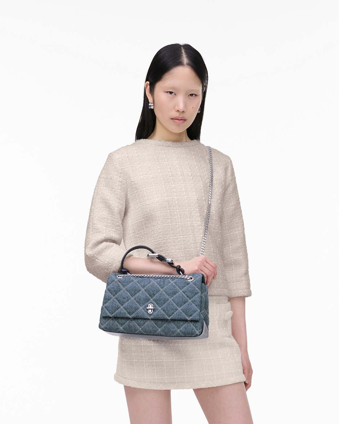 The Quilted Denim Dual Convertible Shoulder Bag Light Wash Indigo Marc Jacobs