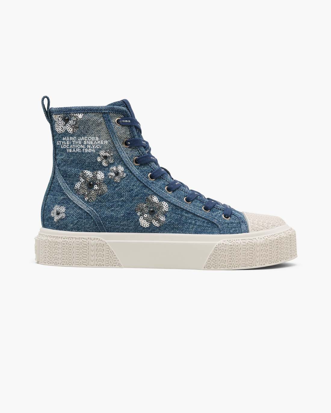 The Sequin Daisy Denim High Top Sneaker Vintage Indigo Marc Jacobs