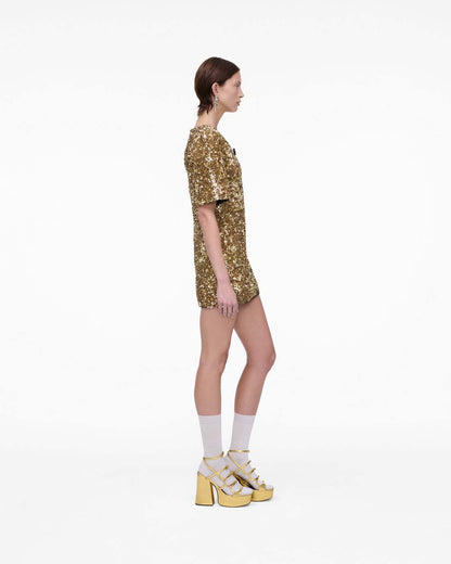 Sequin V-Neck Knit Dress Gold Marc Jacobs